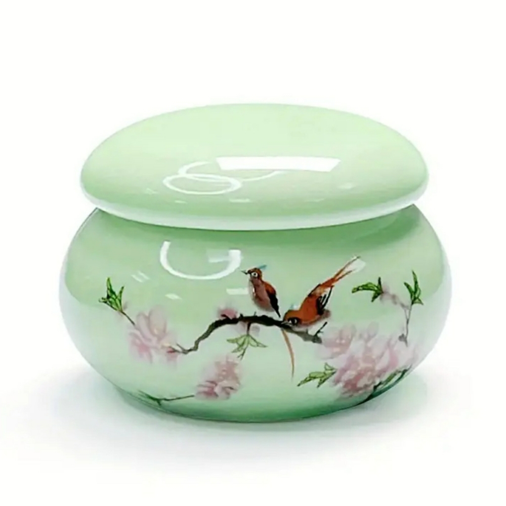 Cardinals ceramic container, tiny, multipurpose, . green.